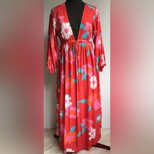 Red Floral Open Front Cover Up Duster Size PP (0-2)